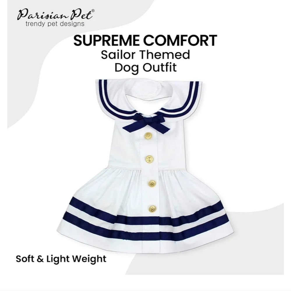 Parisian pet sailor dog dress. White blue gold medium or large.  New - Picture 6 of 12